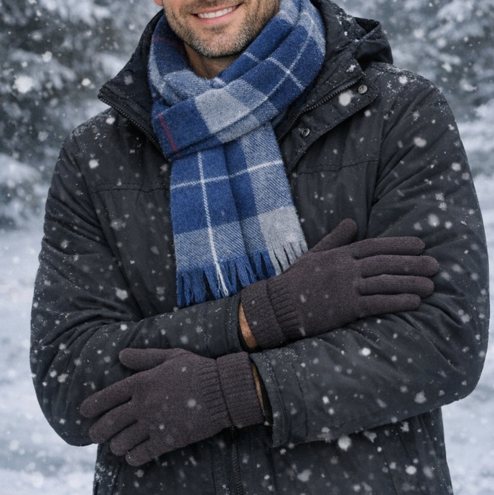 Plaid Scarf and Gray Gloves Set NEW Men's Blue